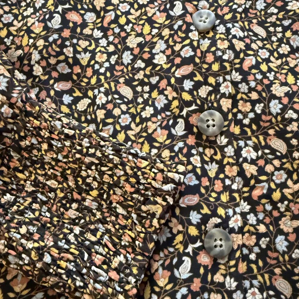 MADEWELL Georgette Smocked-Cuff Button-Front Shirt in Folktale Paisley Size 0